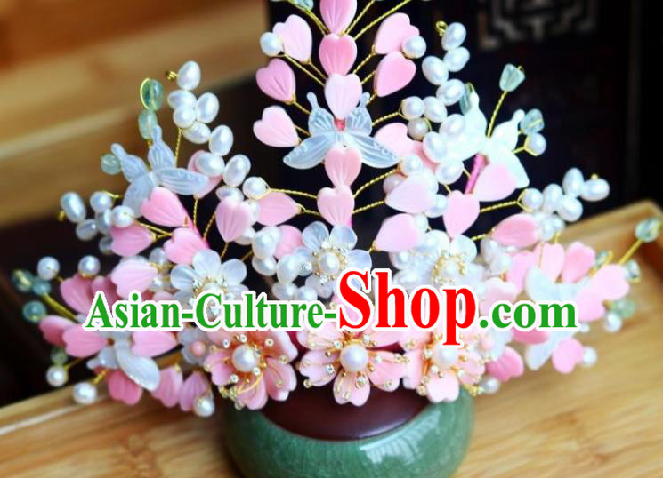 Chinese Ancient Court Woman Pearls Hairpin Traditional Song Dynasty Imperial Concubine Shell Flowers Butterfly Hair Crown