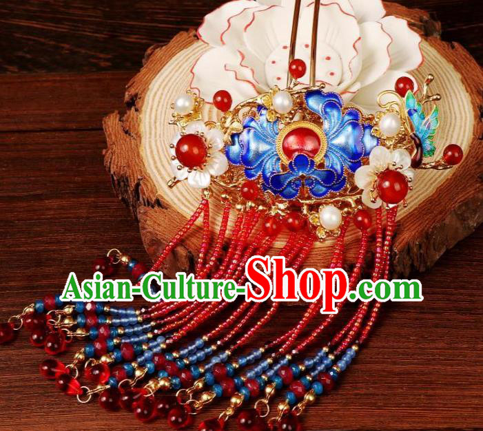 Chinese Ancient Imperial Consort Blueing Peony Hairpin Traditional Ming Dynasty Empress Red Beads Tassel Hair Stick