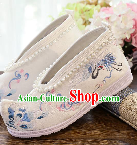 China National Embroidered Crane Shoes Traditional Hanfu Pearls Shoes Ancient Ming Dynasty Shoes