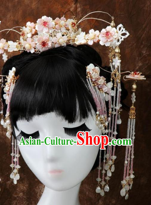 Chinese Ancient Princess Hair Accessories Hairpin Traditional Tang Dynasty Shell Flowers Tassel Hair Crown