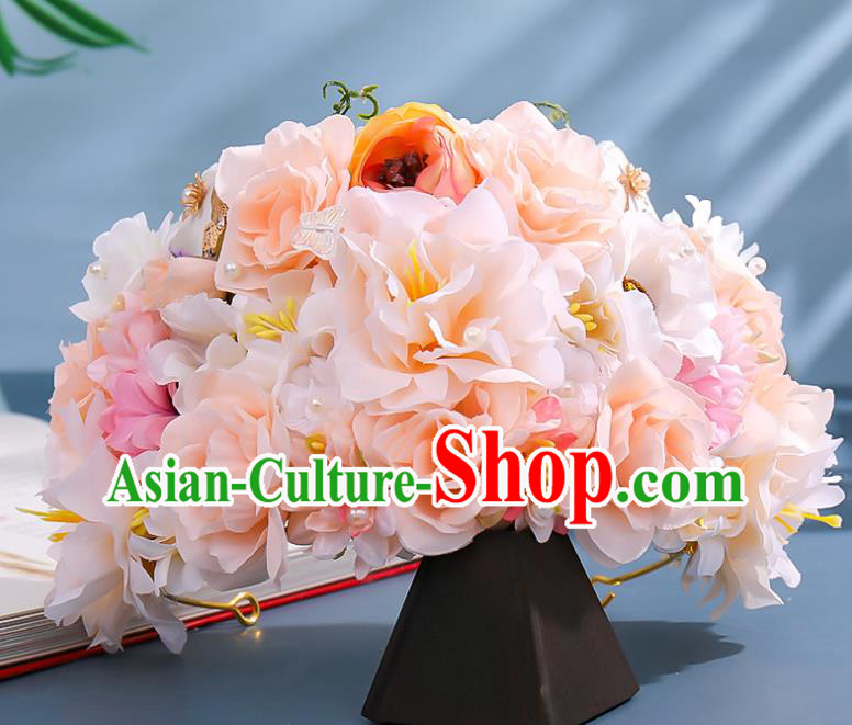 Chinese Ancient Imperial Consort Hair Accessories Traditional Song Dynasty Court Pink Silk Flowers Hair Crown