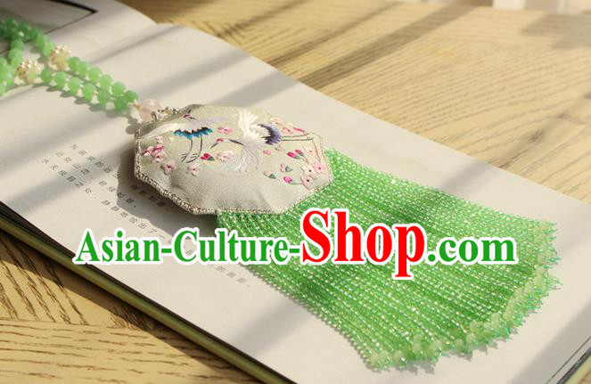 China Traditional Cheongsam Double Side Embroidered Sachet Necklace Accessories Handmade Green Beads Tassel Necklet