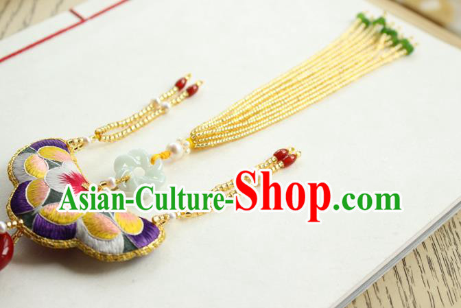 Chinese National Beads Tassel Jade Pendant Classical Qipao Dress Embroidered Sachet Brooch