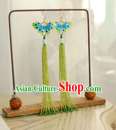 China Classical Cheongsam Green Beads Tassel Ear Jewelry Handmade National Blueing Butterfly Earrings