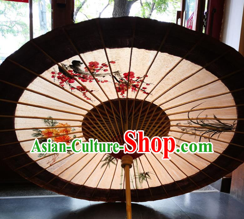 China Handmade Ink Painting Plum Orchids Bamboo Chrysanthemum Oilpaper Umbrella Traditional Oil Paper Umbrella