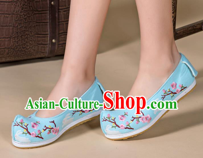 Chinese Classical Dance Shoes Traditional Ming Dynasty Hanfu Shoes Handmade Embroidered Plum Blue Cloth Shoes