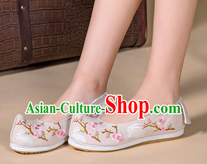Chinese Handmade Embroidered Plum Beige Cloth Shoes Classical Dance Shoes Traditional Hanfu Bow Shoes