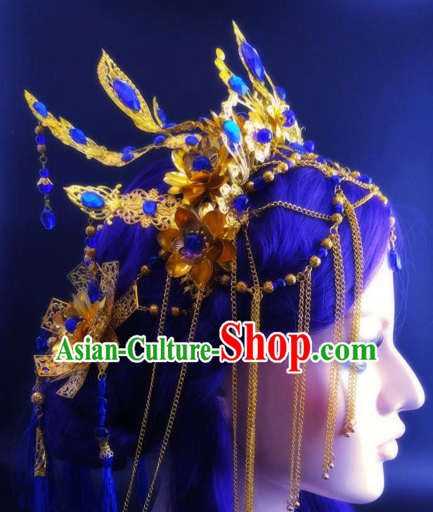China Ancient Fairy Phoenix Coronet Headwear Handmade Traditional Cosplay Female Swordsman Blue Crystal Hair Crown