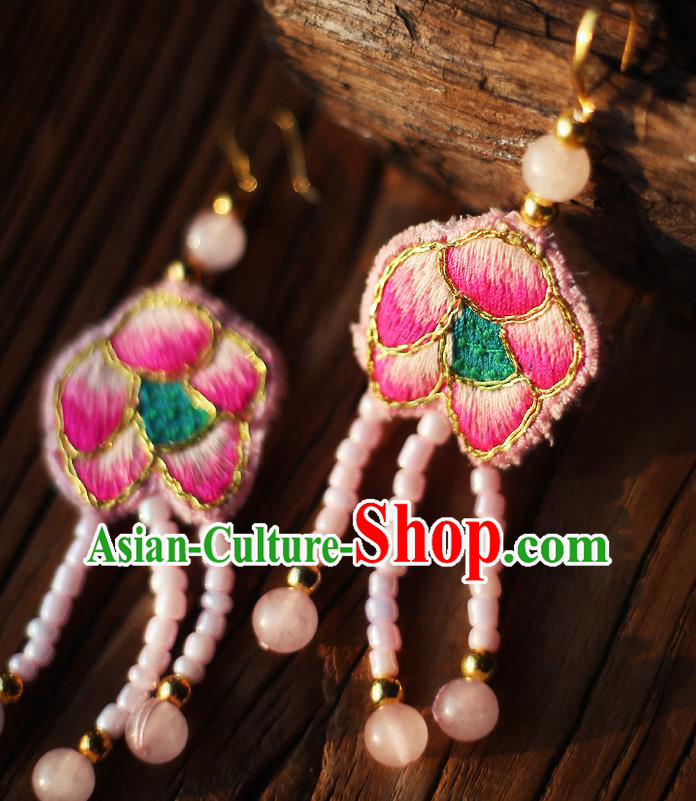 China Traditional Cheongsam Pink Beads Tassel Ear Accessories National Embroidered Earrings