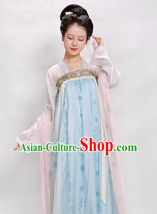 China Traditional Tang Dynasty Palace Lady Historical Clothing Ancient Court Beauty Blue Hanfu Dress