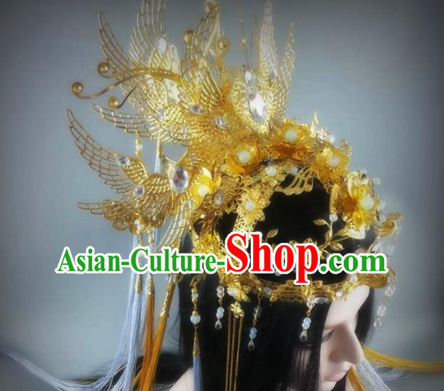 China Ancient Goddess Queen Phoenix Coronet Headwear Handmade Traditional Cosplay Empress Golden Hair Crown