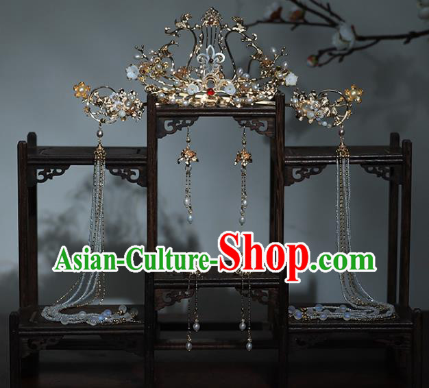China Ancient Princess Hair Accessories Traditional Ming Dynasty Wedding Tassel Hair Crown and Hairpins Full Set