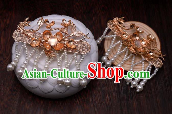 China Ancient Princess Golden Plum Hairpin Traditional Ming Dynasty Pearls Tassel Hair Claws