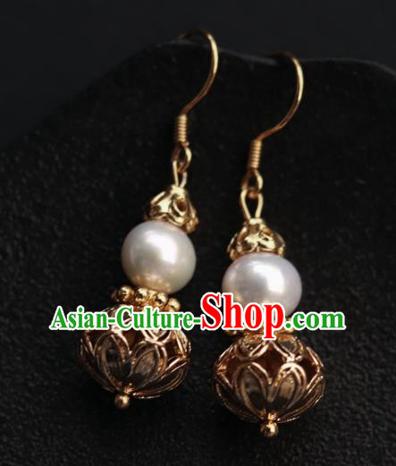Chinese Traditional Ming Dynasty Court Empress Earrings Ancient Queen Golden Gourd Ear Jewelry