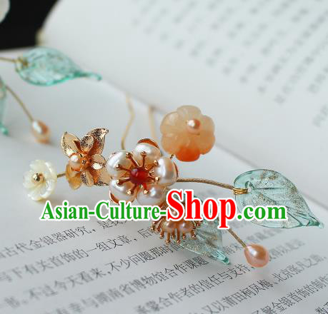 China Ancient Princess Jade Hairpin Traditional Ming Dynasty Noble Woman Pearls Plum Hair Stick