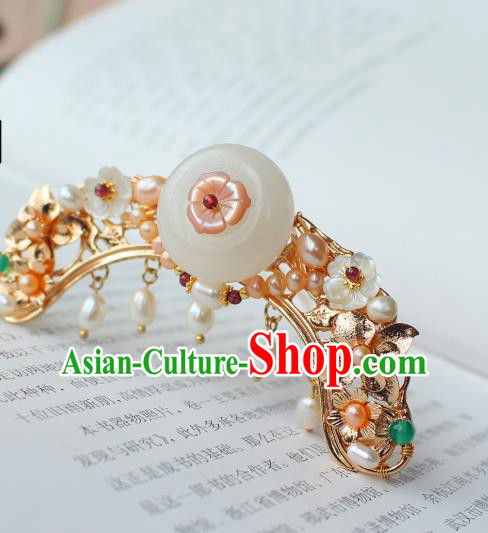 China Ancient Princess Jade Peace Buckle Hairpin Traditional Ming Dynasty Noble Lady Pearls Hair Crown