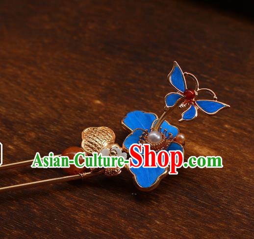 China Ancient Imperial Concubine Hairpin Traditional Qing Dynasty Court Woman Blue Butterfly Hair Stick