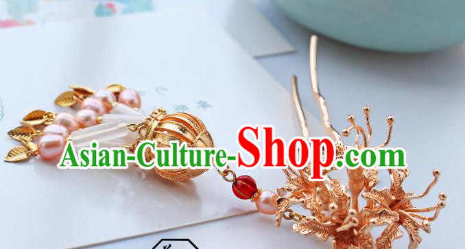 China Ancient Princess Golden Manjusaka Hairpin Traditional Tang Dynasty Wedding Pearls Tassel Hair Stick