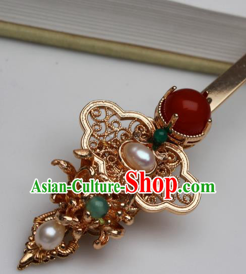 China Ancient Imperial Concubine Agate Hairpin Traditional Ming Dynasty Court Woman Golden Chrysanthemum Hair Stick