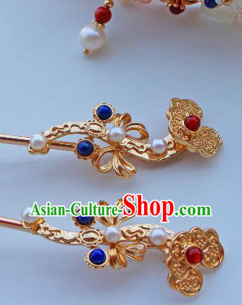 China Ancient Empress Golden Hairpin Traditional Ming Dynasty Palace Woman Gems Hair Stick