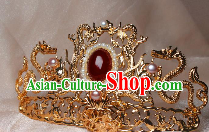 China Ancient Empress Pearls Headdress Hairpin Traditional Ming Dynasty Queen Golden Dragon Hair Crown