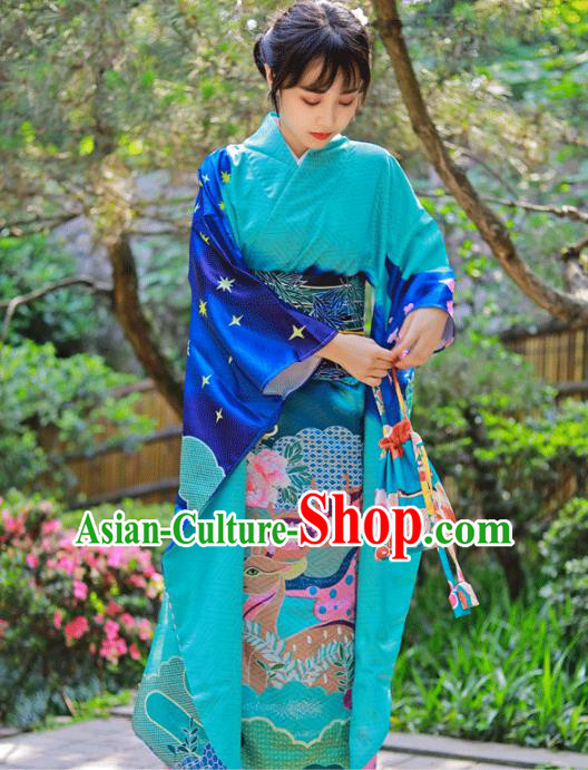 Asian Japan Wedding Bride Furisode Kimono Costume Japanese Traditional Summer Festival Blue Yukata Dress