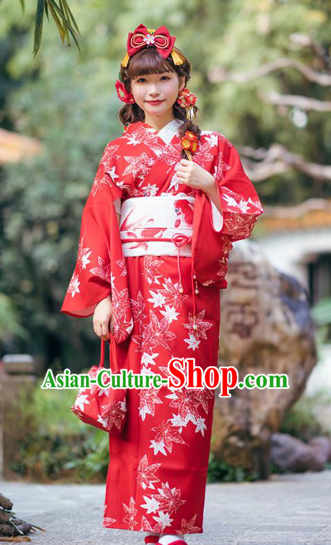 Asian Japan Young Lady Printing Maple Leaf Red Homongi Kimono Japanese Traditional Costumes