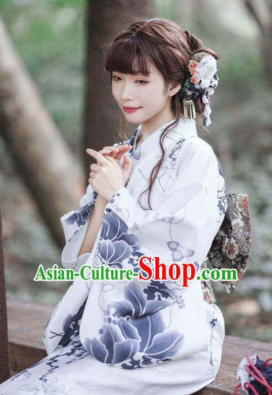 Asian Japan Young Lady Kimono Dress Japanese Traditional Printing White Yukata Costume