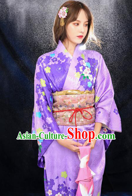 Asian Japan Printing Sakura Furisode Kimono Costume Japanese Traditional Young Lady Violet Yukata Dress