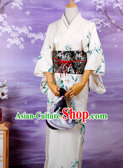 Asian Japan Edo Komon Kimono Costume Japanese Traditional Young Lady Printing Pear Blossom White Yukata Dress