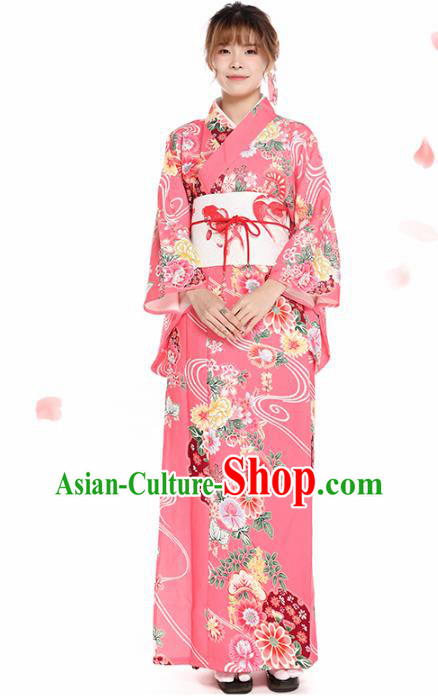 Asian Japan Summer Festival Pink Kimono Costume Japanese Traditional Young Lady Printing Chrysanthemum Yukata Dress