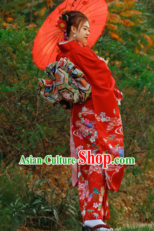 Asian Japan Bride Furisode Kimono Costume Japanese Traditional Wedding Printing Chrysanthemum Red Yukata Dress