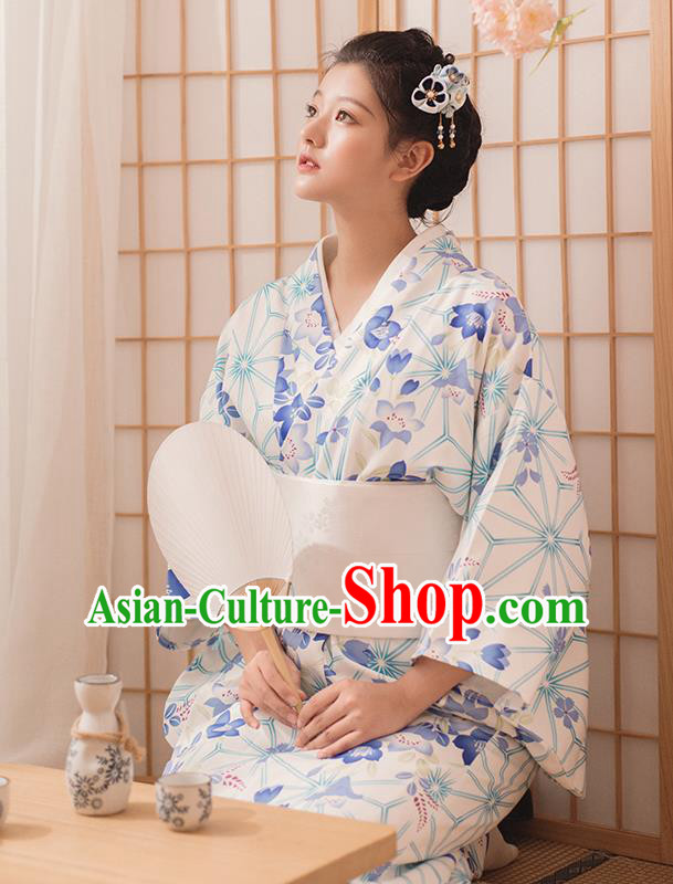Japanese Traditional Hanabi Taikai Yukata Dress Asian Japan Summer Festival Printing White Kimono Fashion
