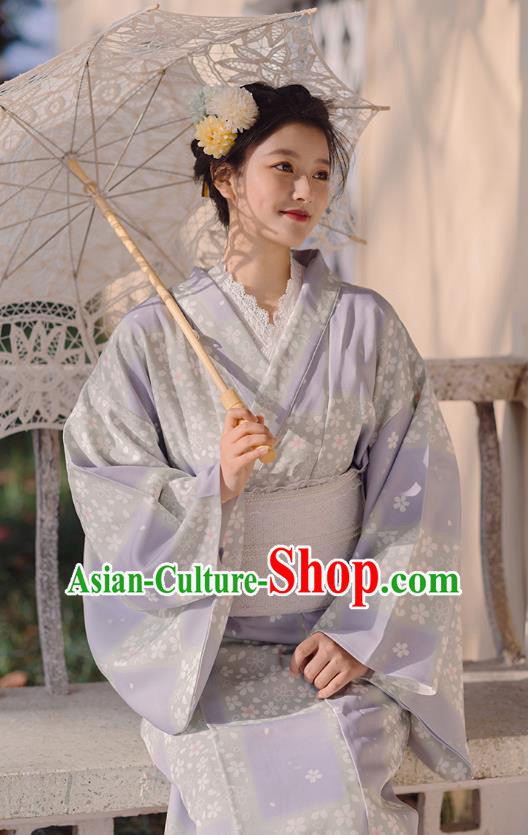 Japanese Traditional Young Lady Yukata Dress Asian Japan Printing Sakura Lilac Kimono Fashion