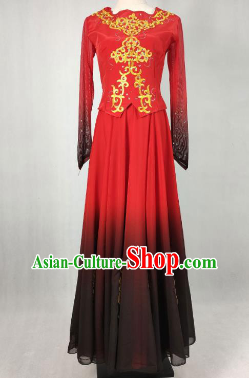 China Traditional Uyghur Nationality Stage Performance Clothing Xinjiang Ethnic Folk Dance Red Dress