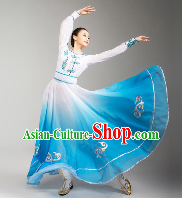 China Traditional Mongol Nationality Stage Performance Clothing Mongolian Ethnic Woman Dance Blue Dress