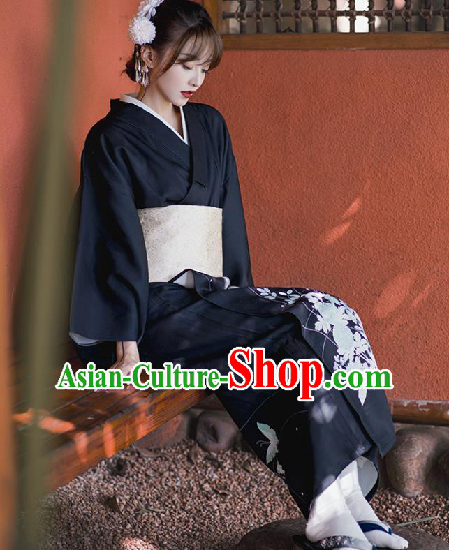 Japanese Traditional Printing Butterfly Black Yukata Clothing Asian Japan Young Lady Uchikake Kimono Dress