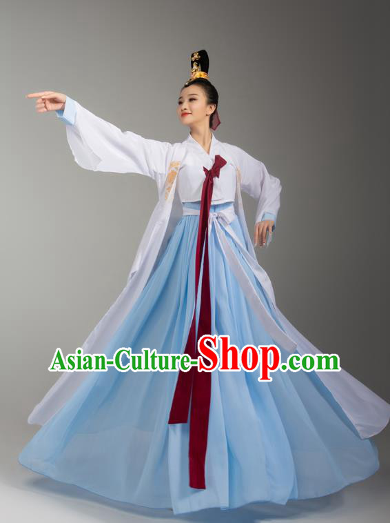 China Korean Ethnic Stage Performance Blue Dress Outfits Traditional Korean Nationality Folk Dance Clothing and Headdress