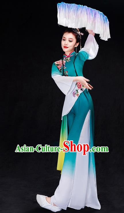 China Fan Dance Yangko Dance Clothing Folk Dance Solo Dance Green Uniforms