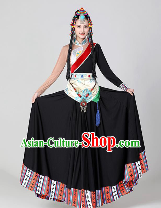 Chinese Tibetan Ethnic Folk Dance Costume Traditional Zang Nationality Stage Performance Black Dress