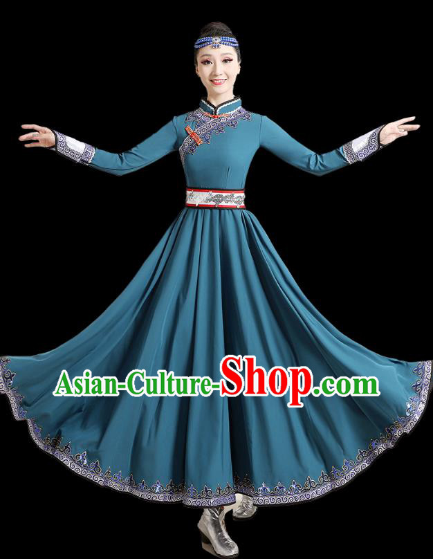 Chinese Ethnic Folk Dance Costume  Mongolian Dance Blue Dress Traditional Mongol Nationality Outfits