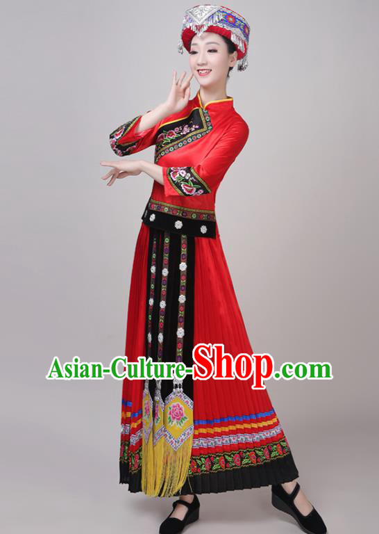 Chinese Traditional Yunnan Ethnic Minority Folk Dance Costume Tujia Nationality Performance Red Dress Outfits