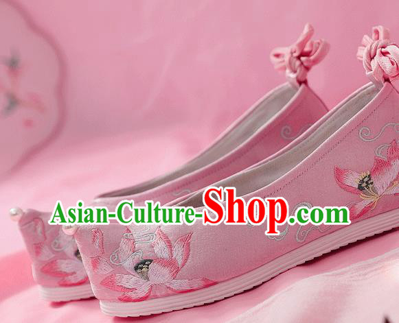 China Traditional Hanfu Bow Shoes Embroidered Lotus Shoes Ancient Princess Pink Cloth Shoes