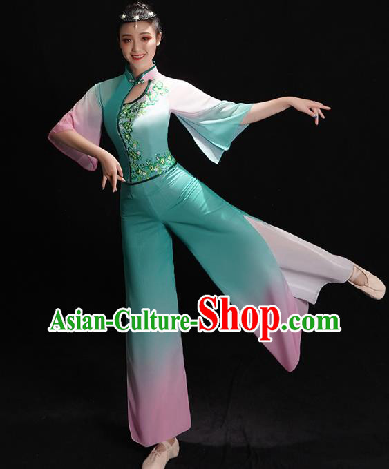 China Fan Dance Clothing Folk Dance Costume Jiaozhou Yangko Dance Green Uniforms