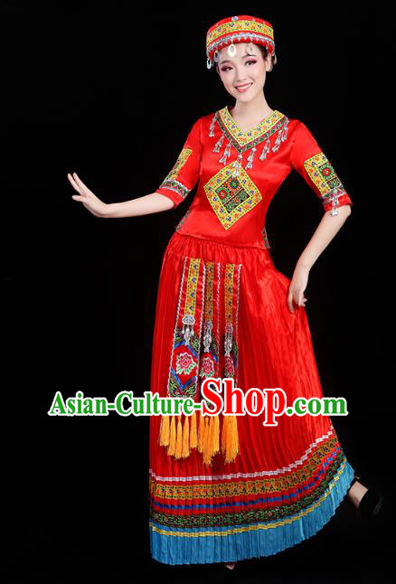 Chinese Yunnan Yi Ethnic Minority Folk Dance Costume Traditional Miao Nationality Dance Red Dress Outfits