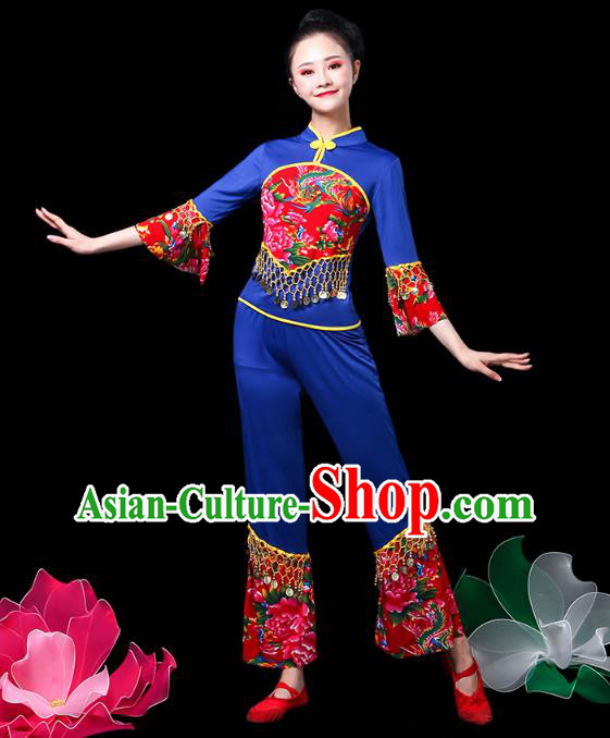 China Jiaozhou Yangko Dance Royalblue Uniforms Fan Dance Clothing Folk Dance Costume