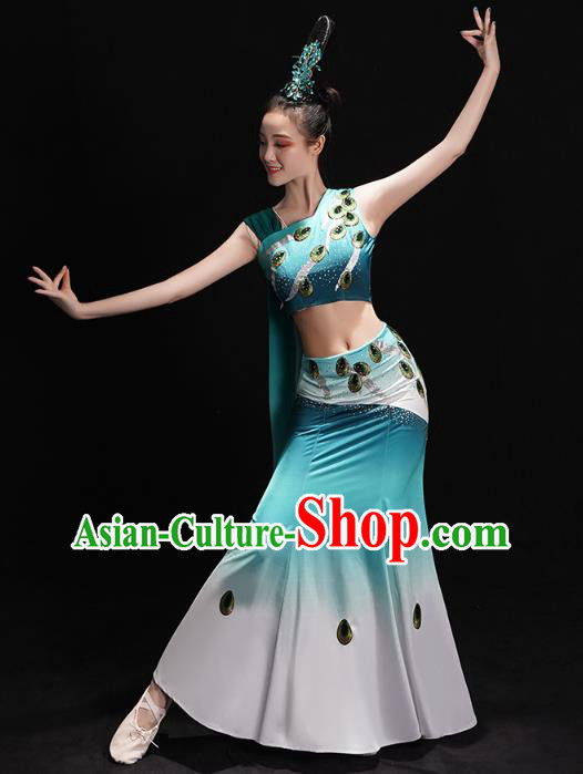 Chinese Yunnan Ethnic Minority Folk Dance Costume Traditional Dai Nationality Peacock Dance Green Dress Outfits
