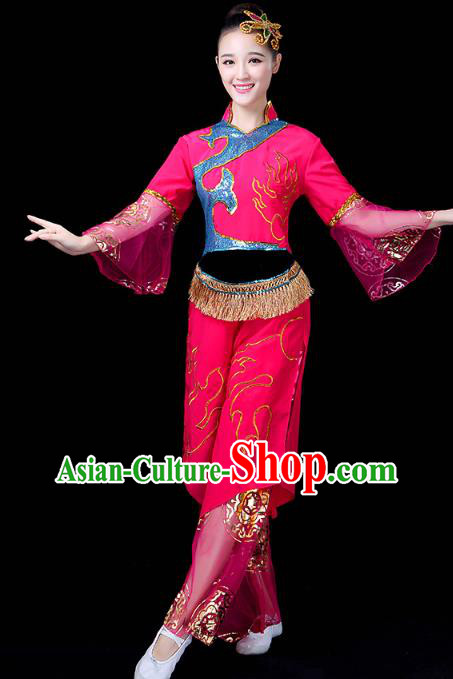 China Yangko Dance Rosy Uniforms Folk Dance Fan Dance Clothing Drum Dance Costume