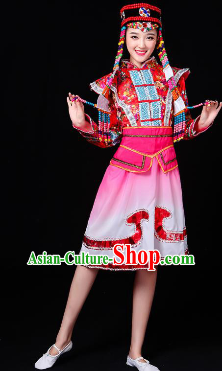 Chinese Mongolian Ethnic Performance Costume Traditional Mongol Minority Nationality Folk Dance Pink Short Dress Outfits