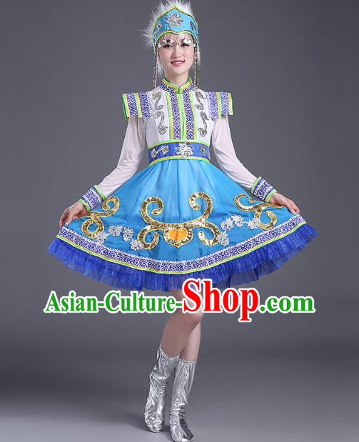 Chinese Mongolian Ethnic Minority Performance Costume Traditional Mongol Nationality Folk Dance Blue Short Dress